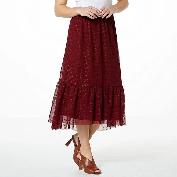 G by Giuliana Black Label Maroon Tulle Polka Dot Midi Skirt XS - Picture 1 of 5